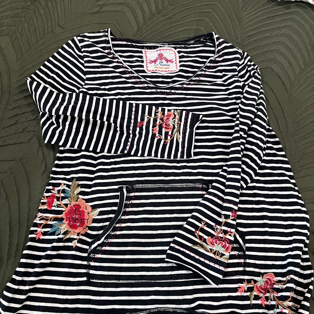 Johnny Was Striped Floral Embroidered Top